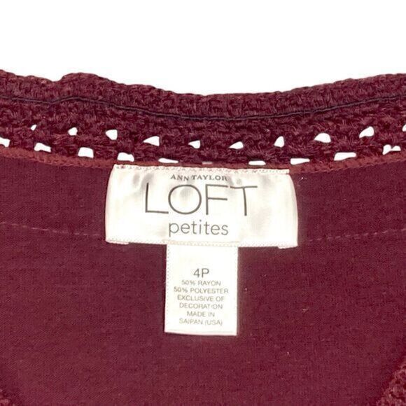 Loft Dress Womens Size 4 Burgundy Lace Trim Babydoll Elastic Empire Waist Midi - Picture 13 of 13